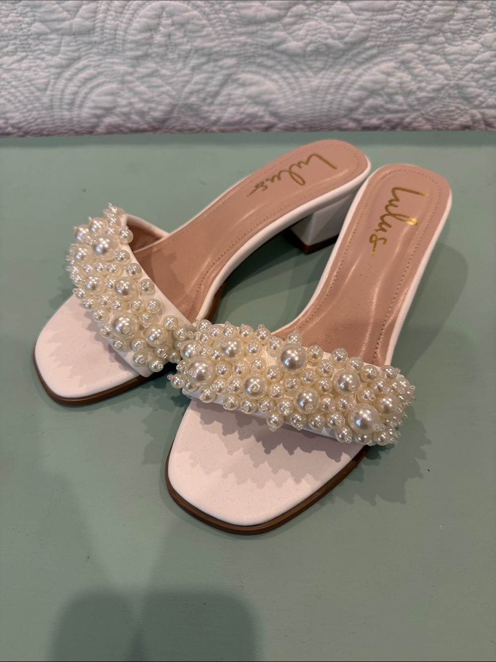 Lulu's Ivory Pearl-Embellished Slide Mules